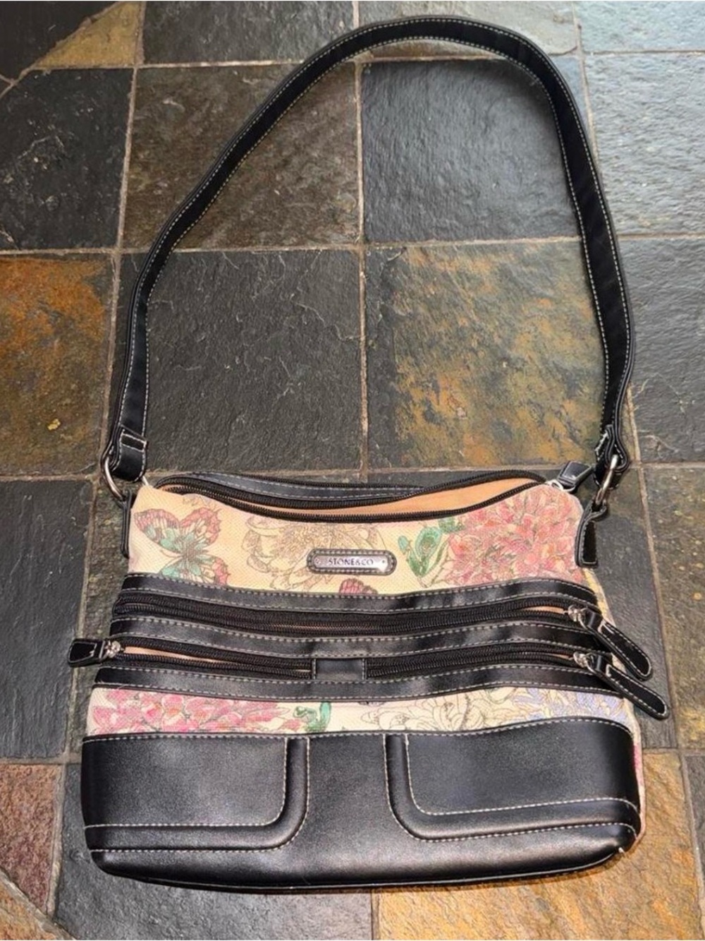 STONE & CO Floral Canvas Shoulder Bag with Black Leather Trim
